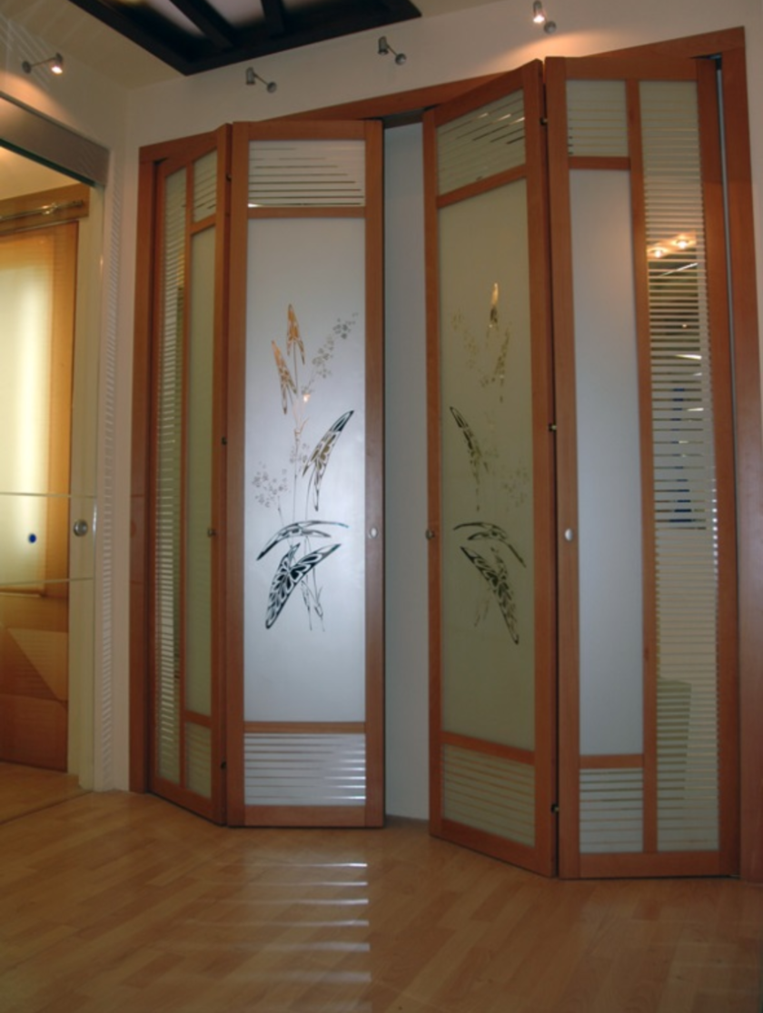 Широкие двери гармошка с матовым стеклом и рисунком Хабаровск